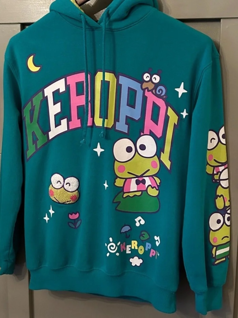 Sanrio Keroppi Graphic Hoodie Sweatshirt Fuzzy Lined Green Oversized Size XS - Picture 6 of 9